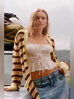 UO Distressed Brown and Yellow Striped Cardigan